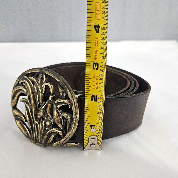 VTG Mossimo XL Brown Leather 2" Belt with Iris Floral Brass Tone Post Buckle - Picture 1 of 6
